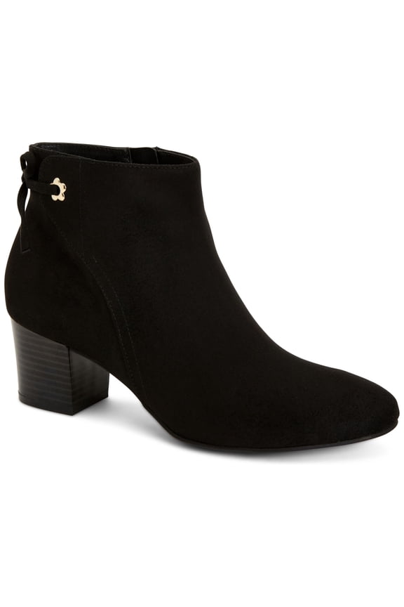 Womens Black Bow Tie Accent Floral Eyelet Non-Slip Comfort Jovanaa Round Toe Block Heel Zip-Up Booties 8 M