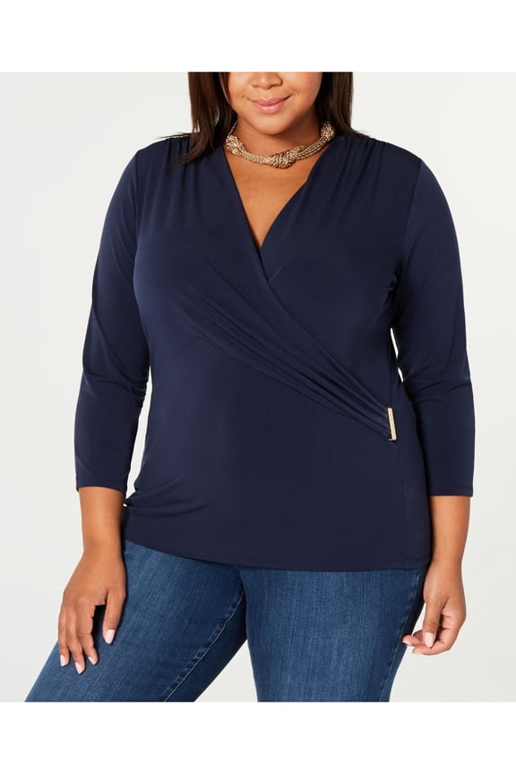 Womens Blue Solid Long Sleeve V Neck Wrap Top Size 2X