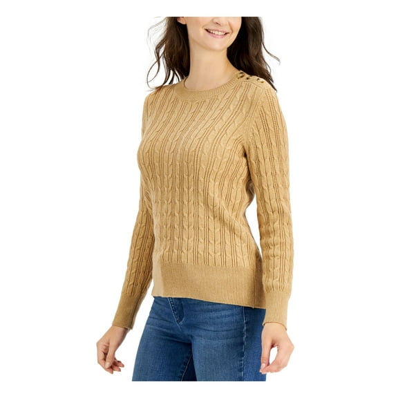 CHARTER CLUB Womens Gold Knit Glitter Button-shoulder Cable-knit Long Sleeve Crew Neck Sweater M