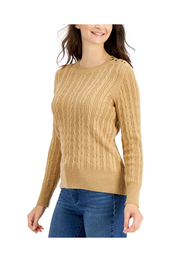 Womens Gold Knit Glitter Button-shoulder Cable-knit Long Sleeve Crew Neck Sweater M