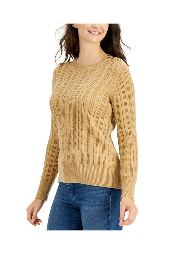 Womens Gold Knit Glitter Button-shoulder Cable-knit Long Sleeve Crew Neck Sweater XL