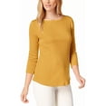 thumbnail image 1 of CHARTER CLUB Womens Gold Stretch Ribbed Button Shoulder Curved Hem 3/4 Sleeve Round Neck Top M, 1 of 4