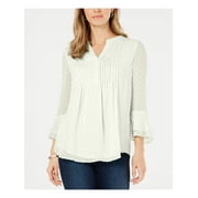 CHARTER CLUB Womens Ivory Ruffled Textured Relaxed Fit; Pintucks, Lined 3/4 Sleeve Split Wear To Work Blouse M