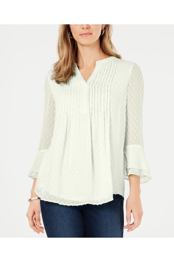 Womens Ivory Ruffled Textured Relaxed Fit; Pintucks, Lined 3/4 Sleeve Split Wear To Work Blouse M