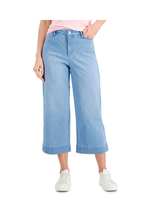 Womens Light Blue Denim Zippered Pocketed Wide-leg Cropped High Waist Jeans 12