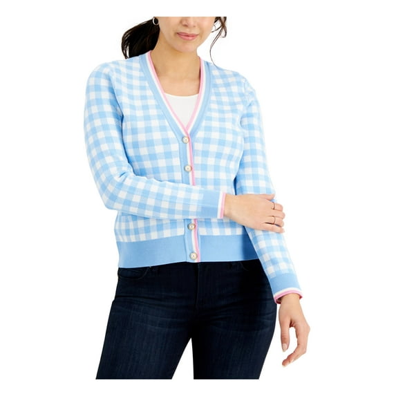 CHARTER CLUB Womens Light Blue Pocketed Ribbed Trim Gingham Long Sleeve Collarless Button Up Cardigan XL