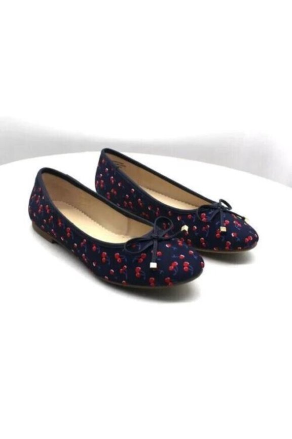 Womens Navy Cherries Bow Accent Comfort Kaii Round Toe Slip On Ballet Flats 9 M
