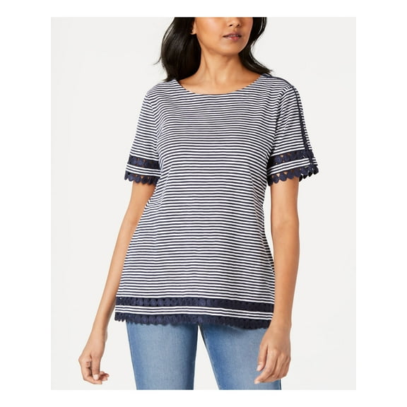 CHARTER CLUB Womens Navy Cotton Striped Short Sleeve Top Petites Size: PS