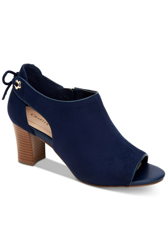 Womens Navy Cutout Sides Tie At Back Cushioned Eyelet Hirah Peep Toe Block Heel Zip-Up Dress Heels Shoes 8 M