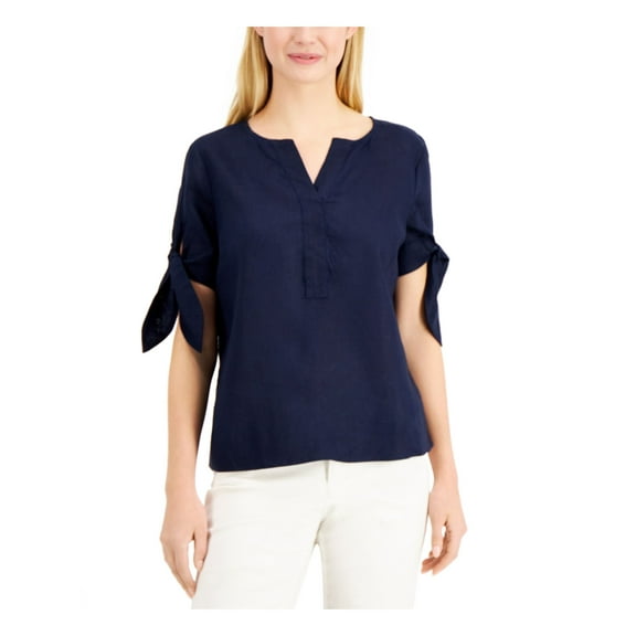 CHARTER CLUB Womens Navy Sheer Unlined Tie Cuffs Vented Hem Short Sleeve Split Top L