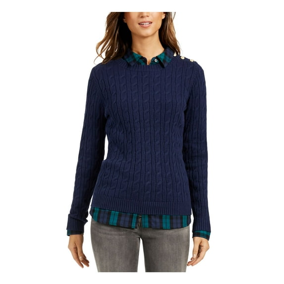 CHARTER CLUB Womens Navy Textured Embellished Patterned Long Sleeve Jewel Neck Sweater XS