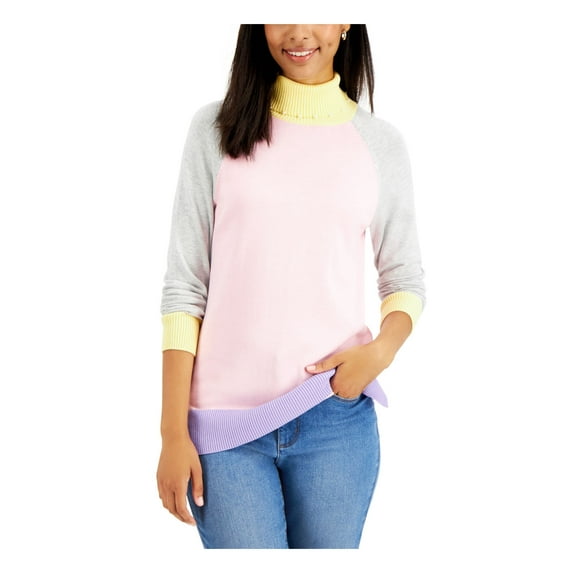 CHARTER CLUB Womens Pink Embellished Ribbed Trim Slit Hem Color Block Long Sleeve Turtle Neck Sweater XXL