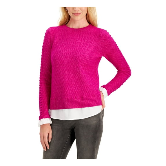 CHARTER CLUB Womens Purple Pleated Layered-look Long Sleeve Crew Neck Sweater L