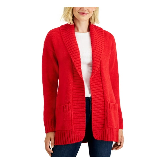 CHARTER CLUB Womens Red Ribbed Pocketed Open Front Long Sleeve Shawl Collar Sweater M