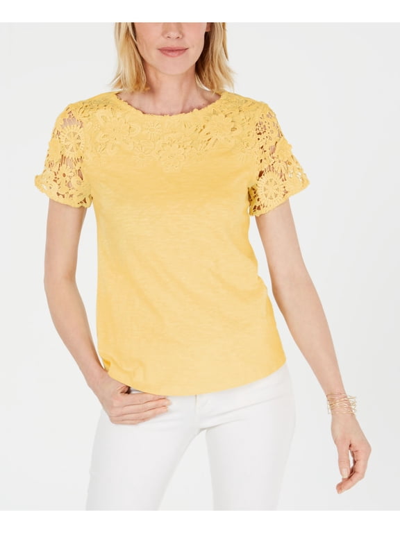 Womens Yellow Embroidered Short Sleeve Top Petites Size: PM