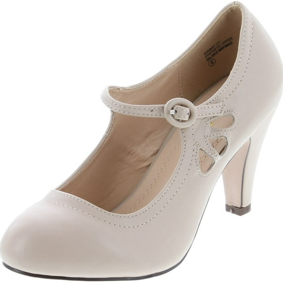 CHASE & CHLOE KIMMY-21 Women's Round Toe Pierced Mid Heel Mary Jane Style Dress Pumps, Nude, 8.5