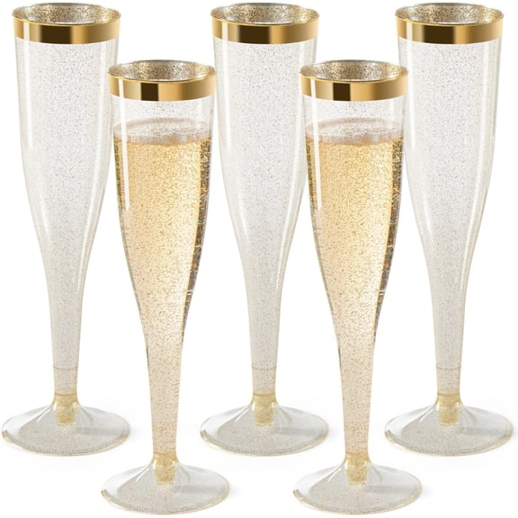 CHATEAU FINE Plastic Champagne Flutes, 6.5 Oz Glasses with Gold Rim & Glitter Gold Mimosa Design, Brunch Decor, Disposable