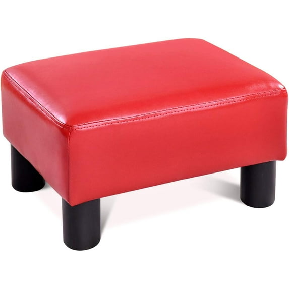 CHAUKY 16" Small Footstool PU Leather Ottoman Footrest, Modern Rectangular Ottoman with Padded Seat Plastic Wood Legs (Red)