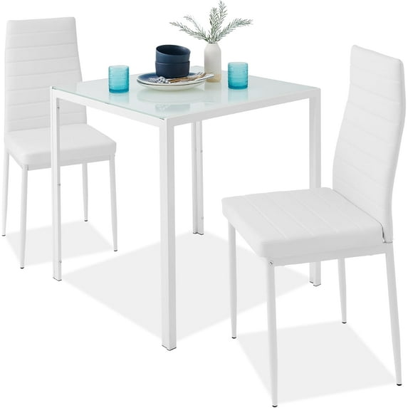 CHAUKY 3-Piece Glass Dining Set, Modern Kitchen Table Furniture for Dining Room, Dinette, Compact Space-Saving w/Glass Tabletop, 2 Upholstered PU Chairs, Metal Steel Frame - White