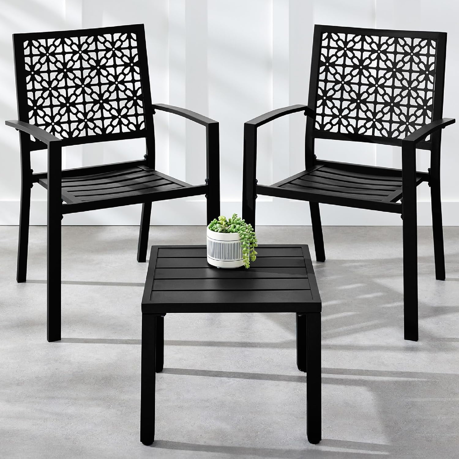 Black Steel 3-Piece Outdoor Bistro Set with Geometric Design