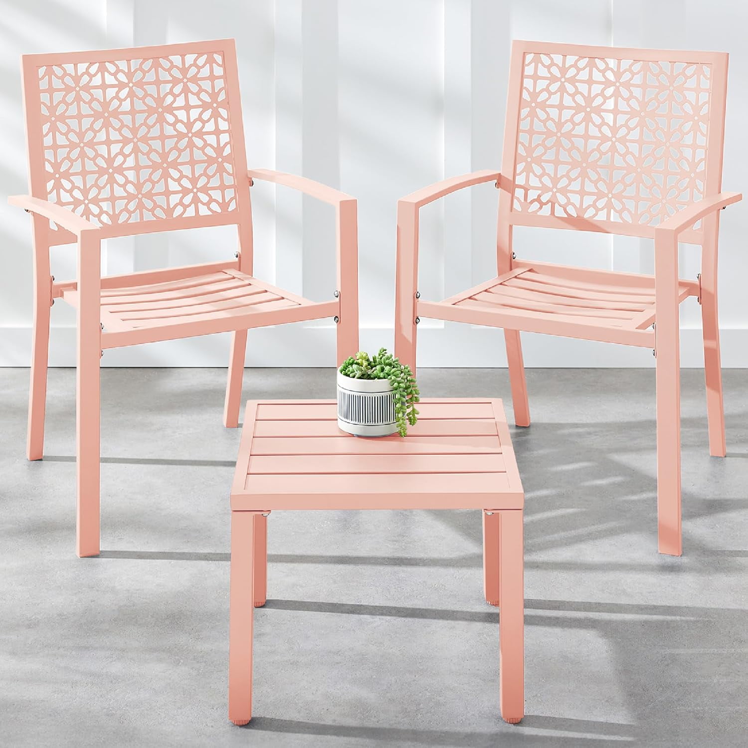 Peach Steel 3-Piece Outdoor Patio Bistro Set with Armchairs and Table