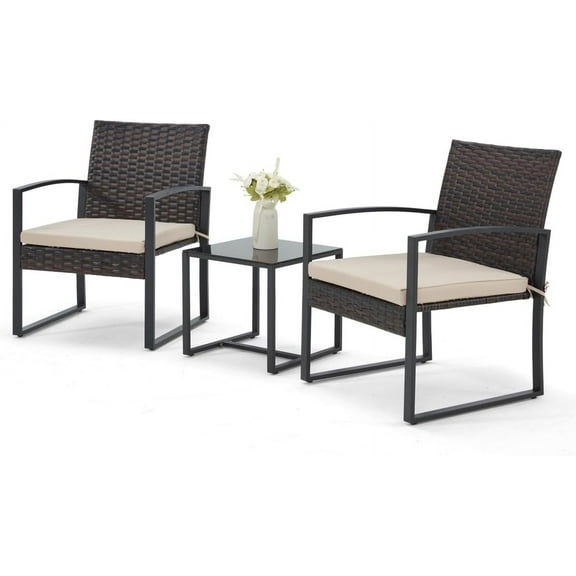 CHAUKY 3 Pieces Patio Furniture Set, Outdoor Rattan Bistro Set with Coffee Table, Durable Steel Frame with Strapped Cushions for Garden, Balcony, Poolside, Backyard(Rustic Brown)
