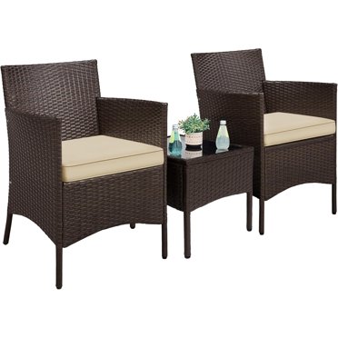 3-Piece Patio Furniture Set - Wicker Chairs With Thick Cushions & Glass Table, Outdoor Conversation Set