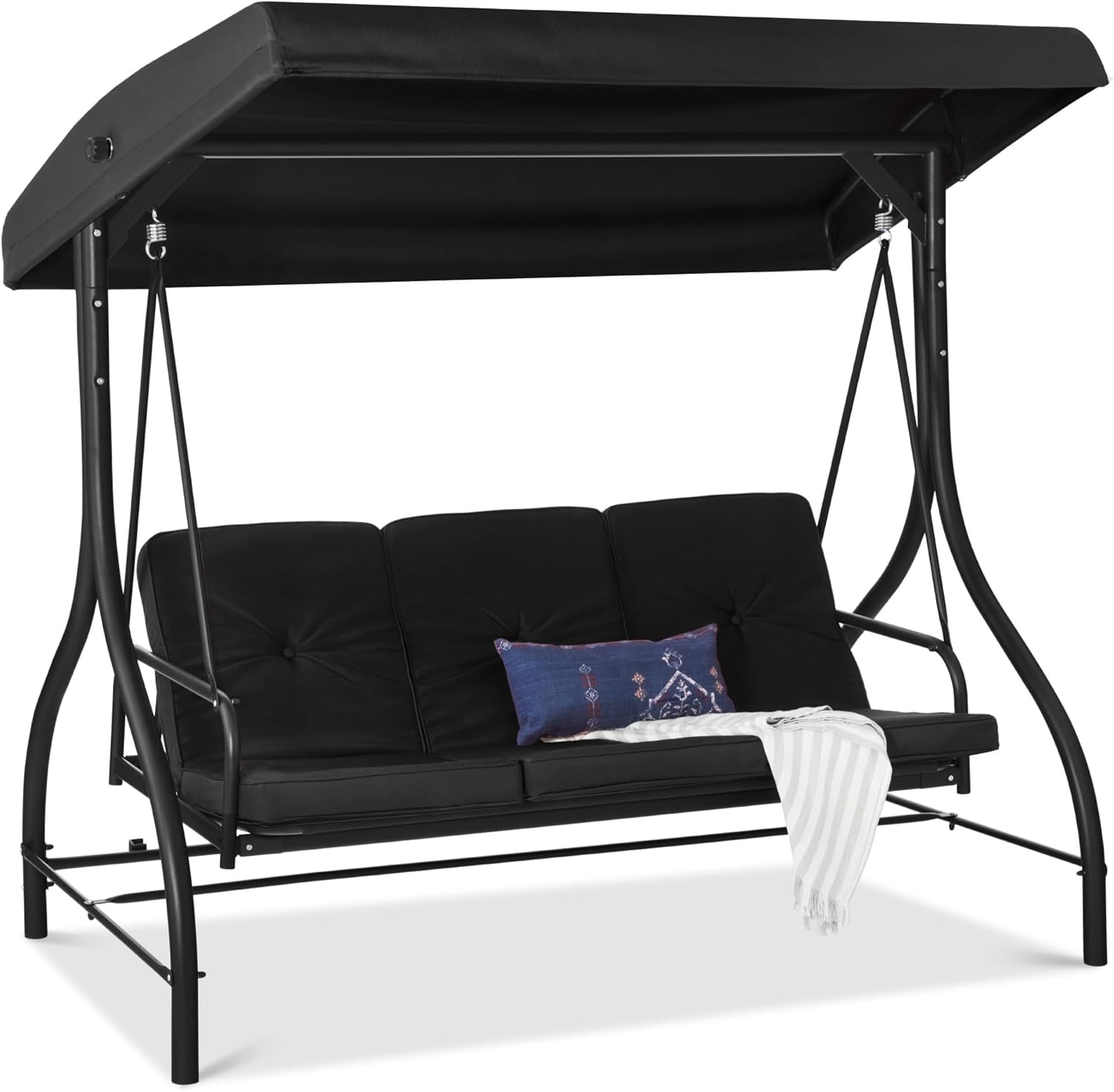 Black Steel 3-Seat Outdoor Canopy Swing Glider with Cushions