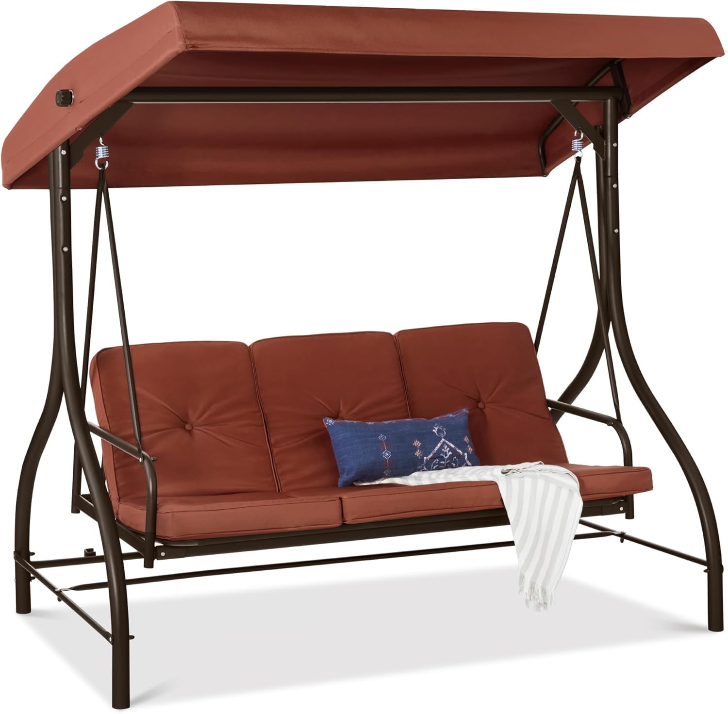 Dark Rust Steel Frame Outdoor Canopy Swing Glider with Cushions