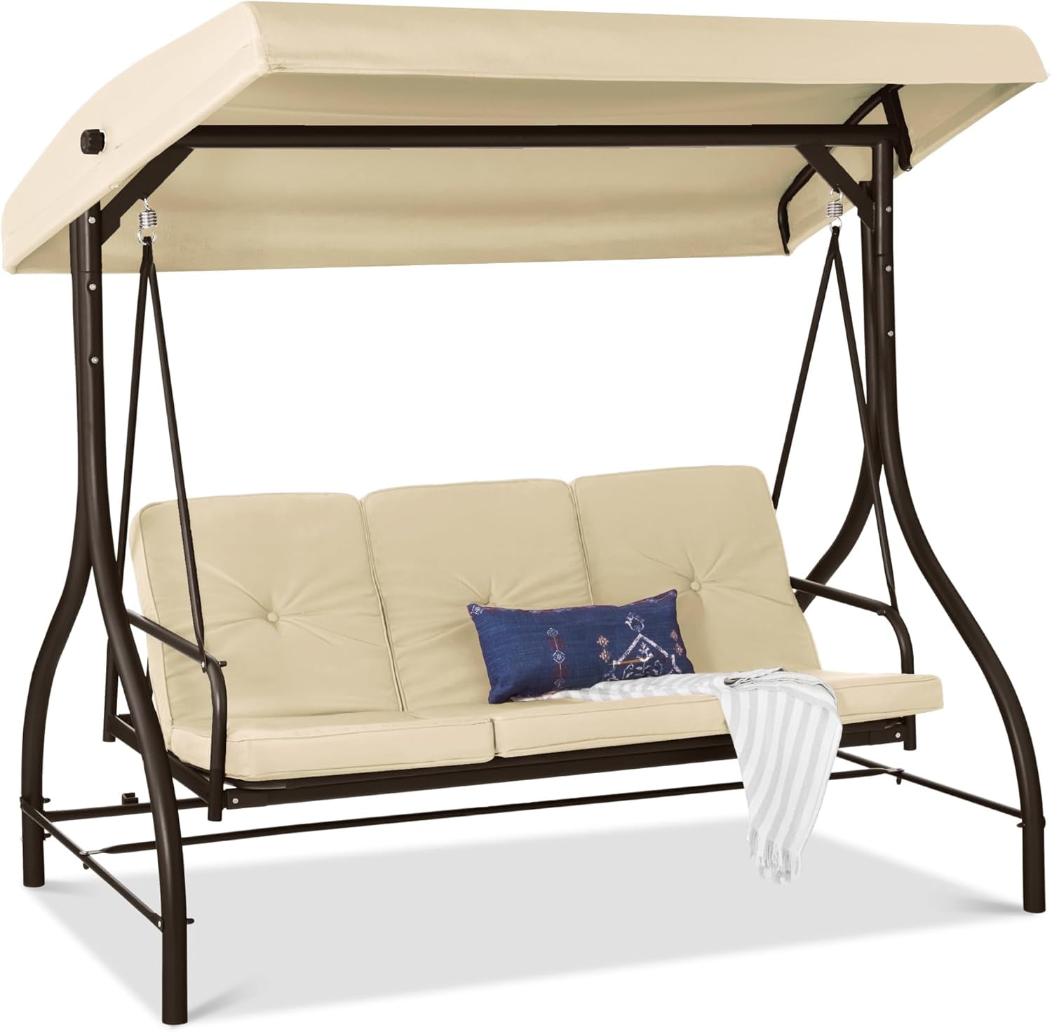 Ivory 3-Seat Outdoor Steel Canopy Swing Glider with Cushions