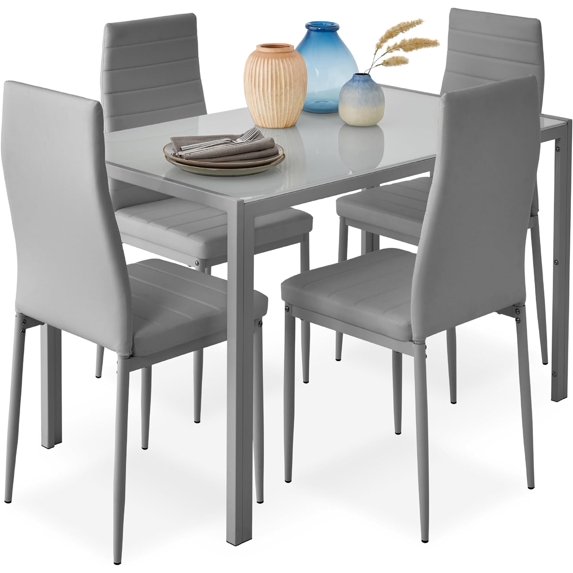CHAUKY 5-Piece Glass Dining Set, Modern Kitchen Table Furniture for Dining Room, Dinette, Compact Space-Saving w/Glass Tabletop, 4 Upholstered PU Chairs, Metal Steel Frame - Gray