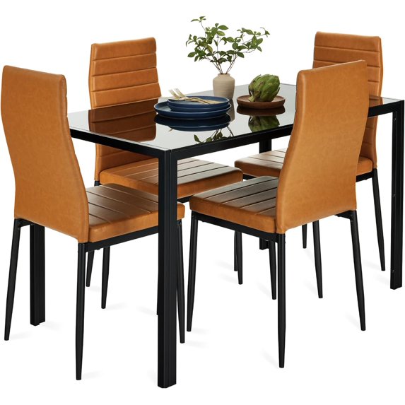 CHAUKY 5-Piece Glass Dining Set, Modern Kitchen Table Furniture for Dining Room, Dinette, Compact Space-Saving w/Glass Tabletop, 4 Upholstered PU Chairs, Metal Steel Frame - Camel/Black