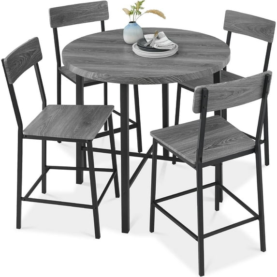 CHAUKY 5-Piece Modern Round Counter Height Dining Set for Home Kitchen, Dining Room w/ 4 Chairs, 1.5in Thick Table - Gray