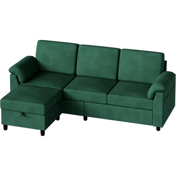 CHAUKY 79" Convertible Sectional Couch Sofa with Storage Ottoman, 3 Seat L Shaped Couch with Side Storage Pockage, Linen Fabric Small Couches for Living Room, Apartment and Small Space, Green
