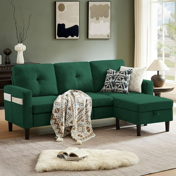 CHAUKY 79" Convertible Sectional Sofa, Small L Shaped 3 Seat Couch with Storage Chaise and Side Pocket, Modern Linen Fabric Reversible Sofa Couches for Living Room, Apartment and Small Space(Green)