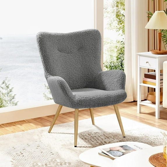 CHAUKY Boucle Accent Chair, Modern Fabric Armchair, Comfy Fluffy Barrel Chair, Reading Chair with High Folding Backrest and Metal Legs for Living Room/Bedroom/Home/Office, Gray