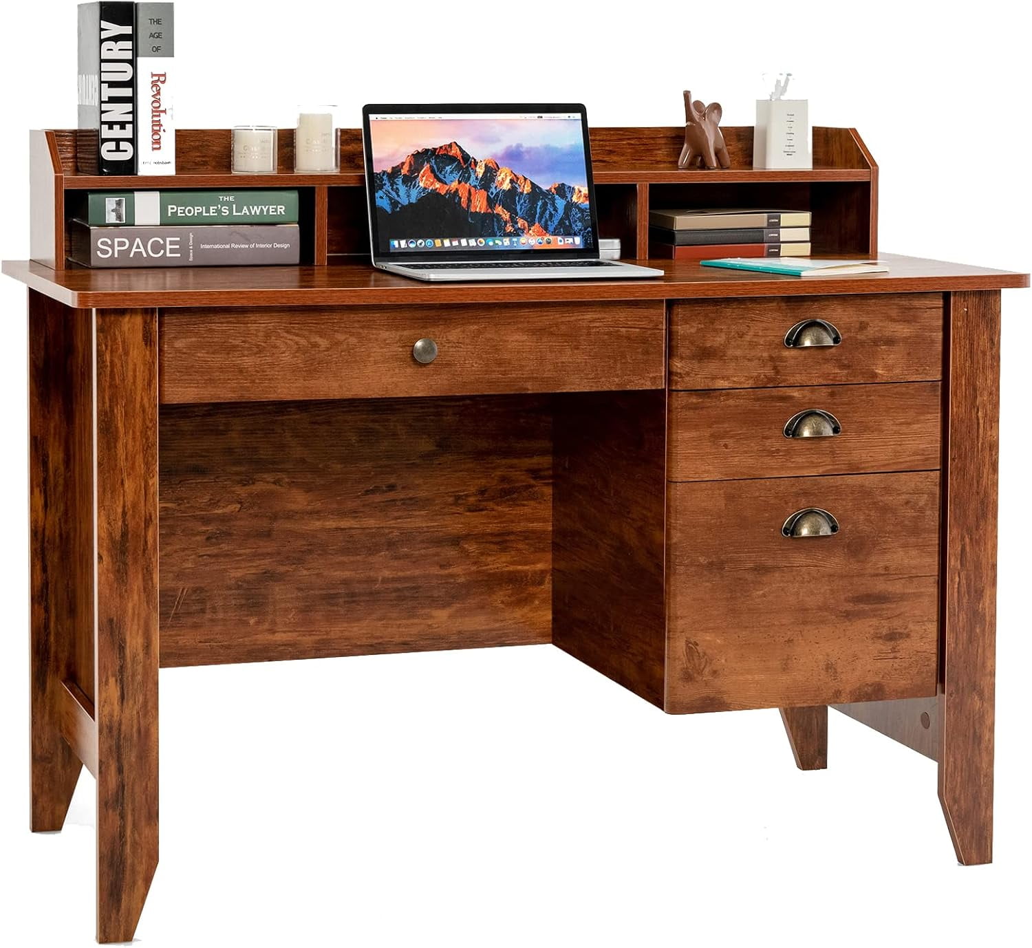 Rustic Brown Wood Executive Desk with Drawers and Filing Cabinet