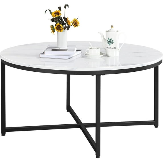 CHAUKY Faux Marble Coffee Table, Modern Round Accent Table with X-Base & Metal Frame, 35.5in Center Tables for Living Room & Dining Room, White and Black