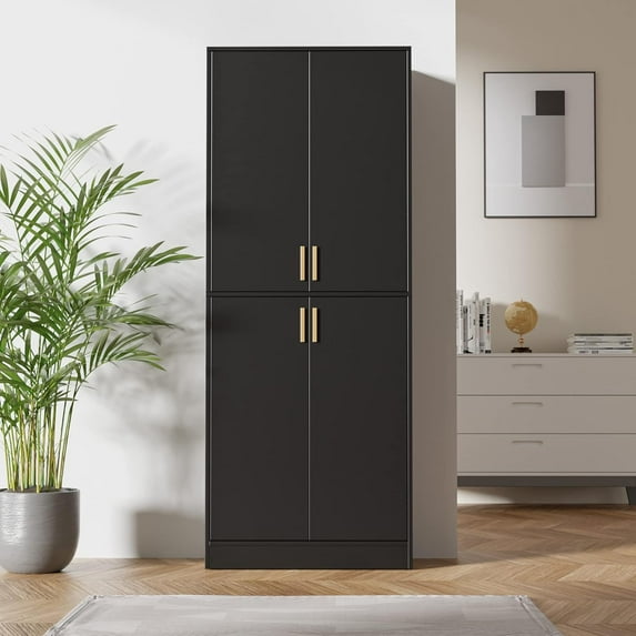 CHAUKY Kitchen Pantry Cabinet, 71" Tall Wood Storage Cabinet with Doors and Shelves 4 Doors Freestanding Cupboard Utility Hutch for Dining Room Living Room Bathroom Furniture, Black
