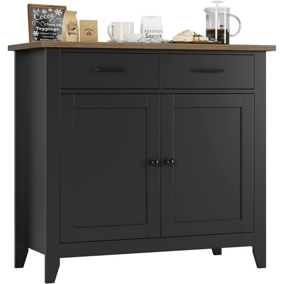 CHAUKY Kitchen Storage Cabinet, Modern Farmhouse Buffet Cabinet with Storage, Coffee Bar with 2 Drawers and 2 Doors, Floor Sideboard Buffet for Living Room, Dining Room, Bathroom, Black/Rustic Brown