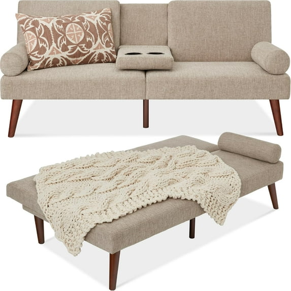 CHAUKY Mid-Century Modern Upholstered Futon, Convertible Folding Sofa Bed, Small Couch w/Rounded Armrests, 2 Cupholders - Sand