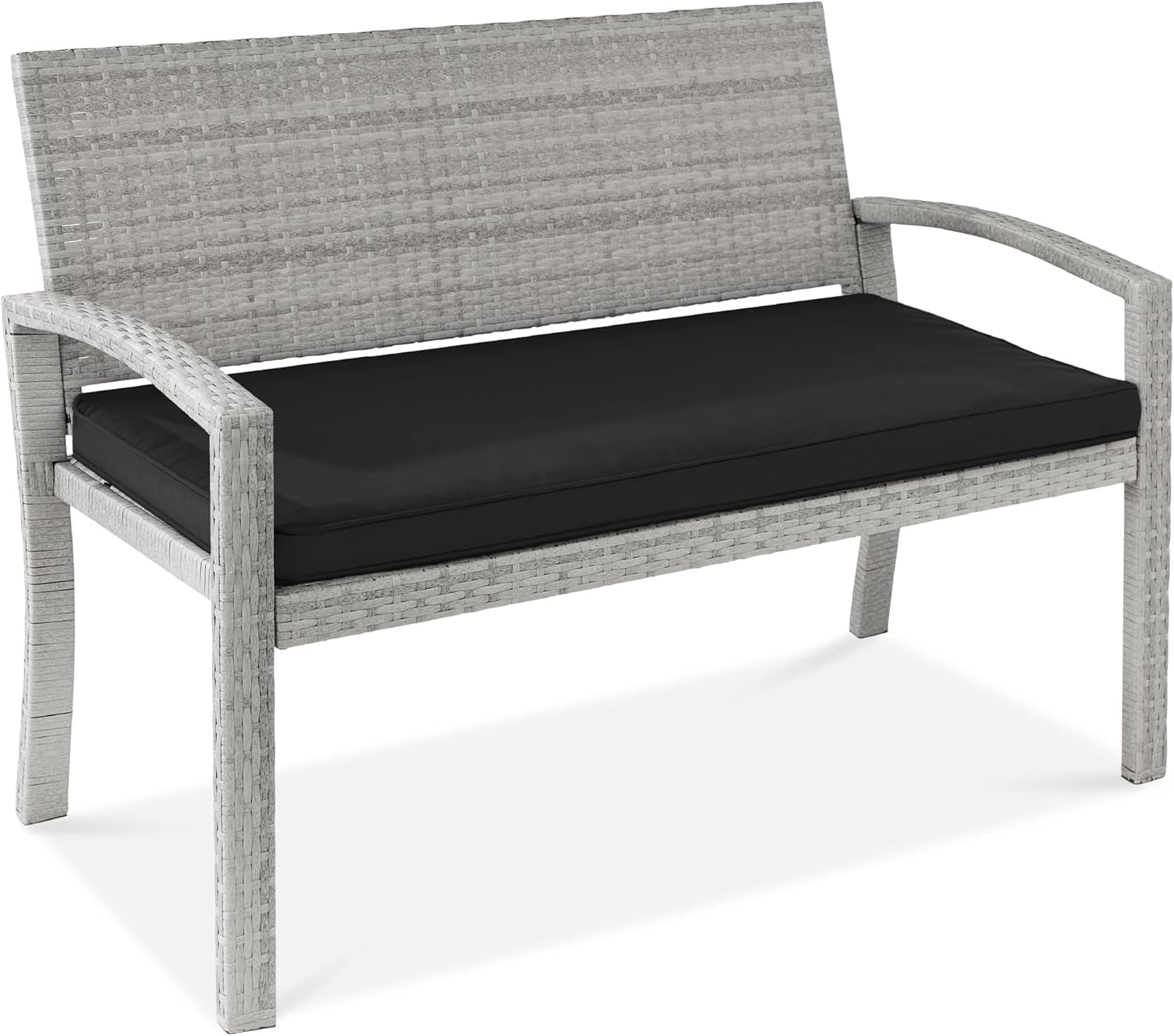 Gray and Black Wicker 2-Person Outdoor Bench with Cushion