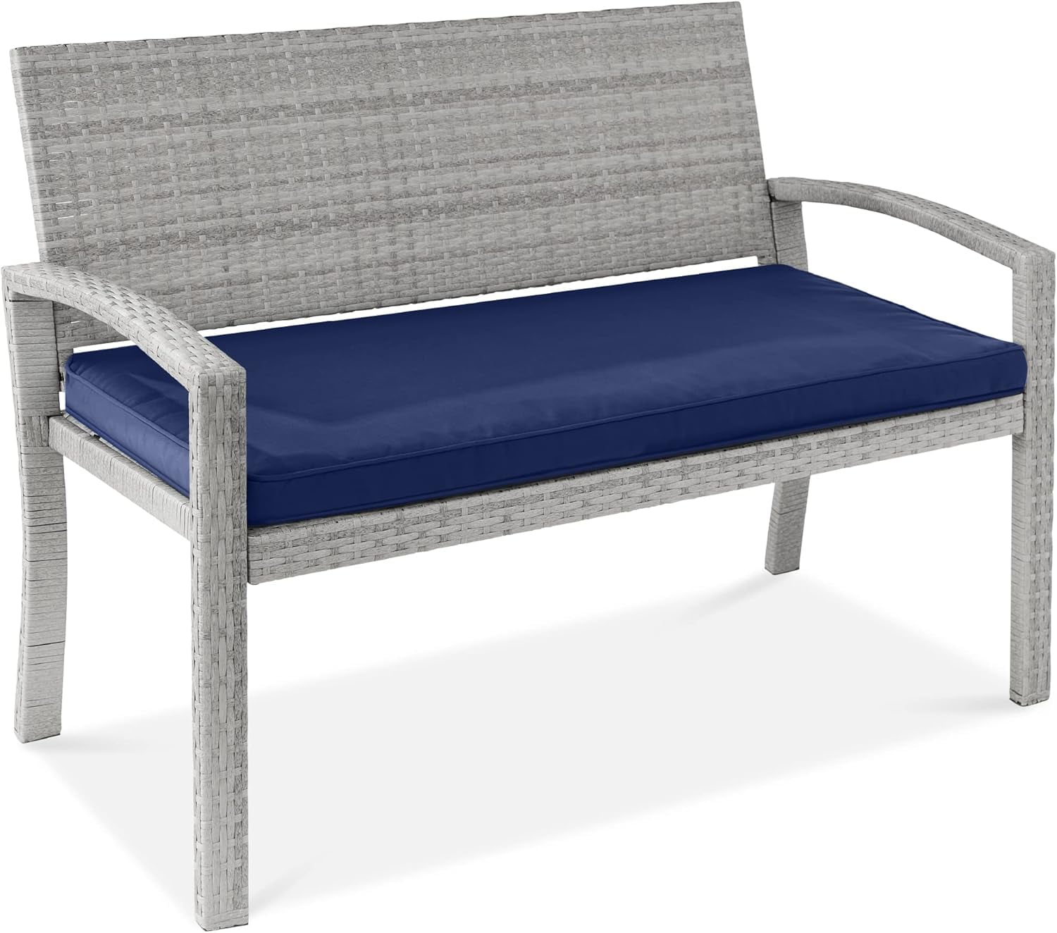 Gray Wicker 2-Person Outdoor Bench with Navy Cushion