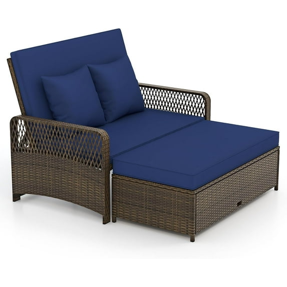 CHAUKY Patio Adjustable Wicker Daybed, Rattan Loveseat & Storage Ottoman w/ 4-Level Backrest & Soft Cushions, Space-Saving 2-Person Sun Lounger for Backyard, Porch (Navy)