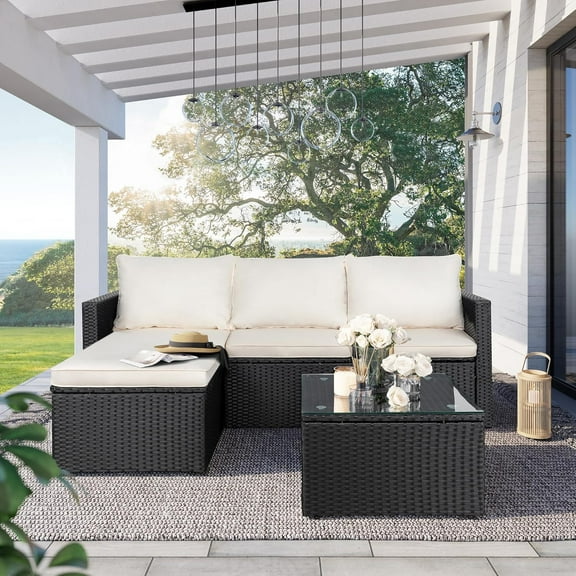 CHAUKY Patio Furniture Set with Detachable Soft Cushions, All Weather Outdoor PE Rattan Patio Conversation Sofa Set, 3-Piece Patio Sectional Sofa with Glass Coffee Table & Ottoman, Black Rattan/White