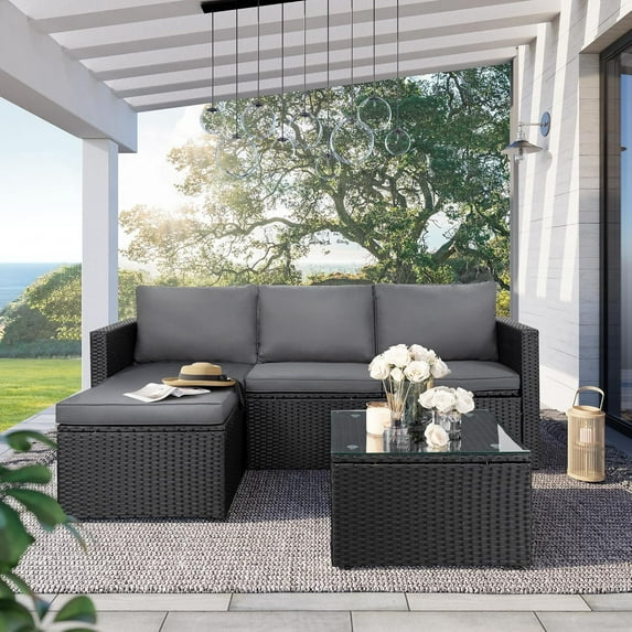 CHAUKY Patio Furniture Set with Detachable Soft Cushions, All Weather Outdoor PE Rattan Patio Conversation Sofa Set, 3-Piece Patio Sectional Sofa with Glass Coffee Table & Ottoman, Black Rattan/Grey