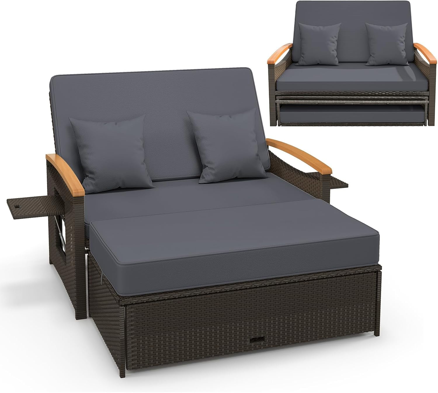 Gray PE Rattan Outdoor Daybed with Folding Panels and Storage Ottoman