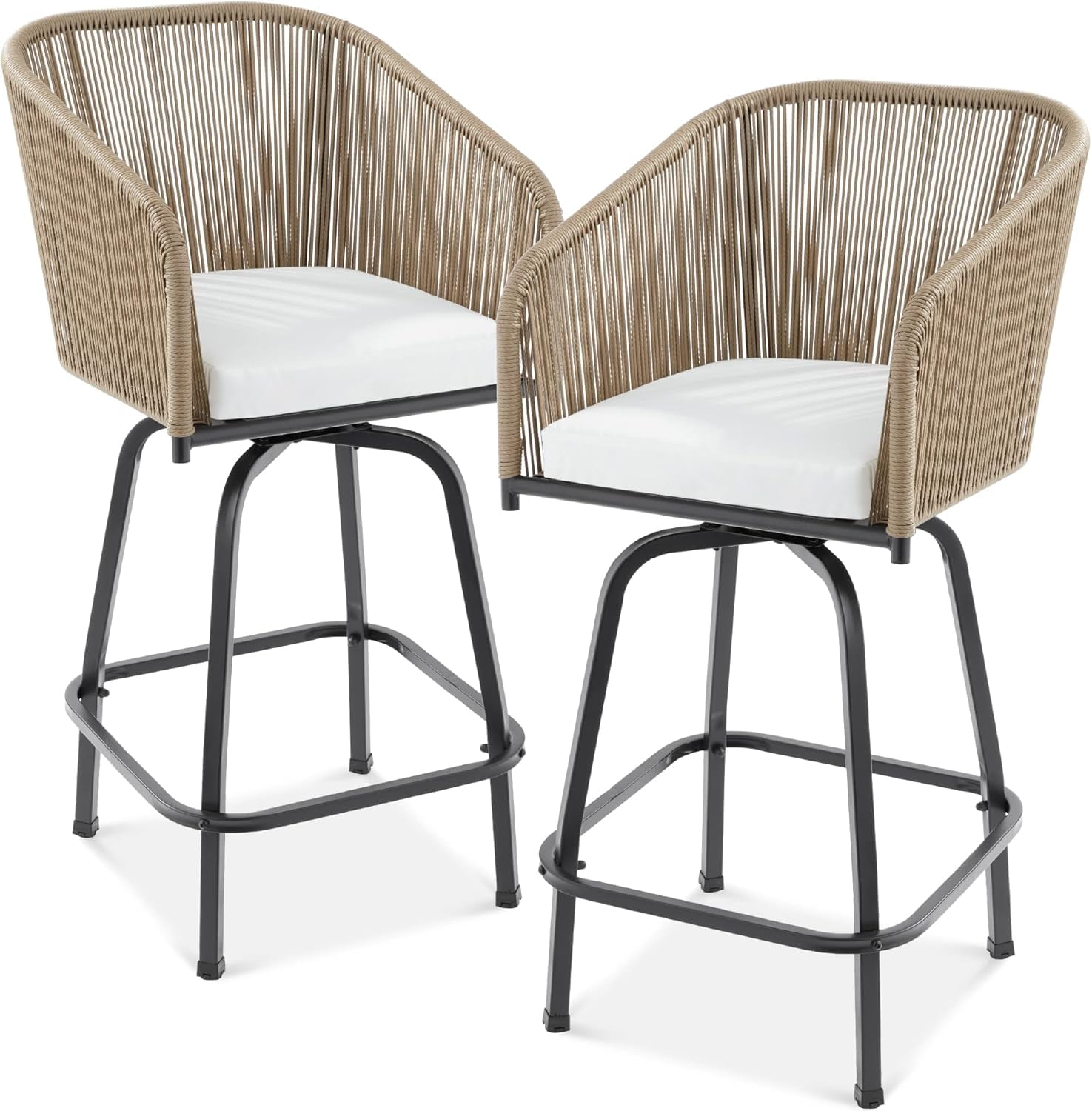 Natural Wicker Swivel Bar Height Chairs with Cushions