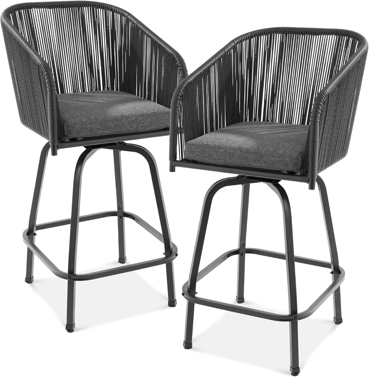 Handwoven Wicker 26" Black/Gray Swivel Bar Chairs with Cushions