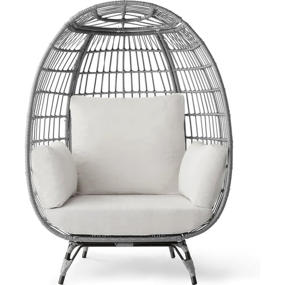 CHAUKY Wicker Egg Chair, Oversized Indoor Outdoor Lounger for Patio, Backyard, Living Room w/ 4 Cushions, Steel Frame, 440lb Capacity - Gray/White Sand